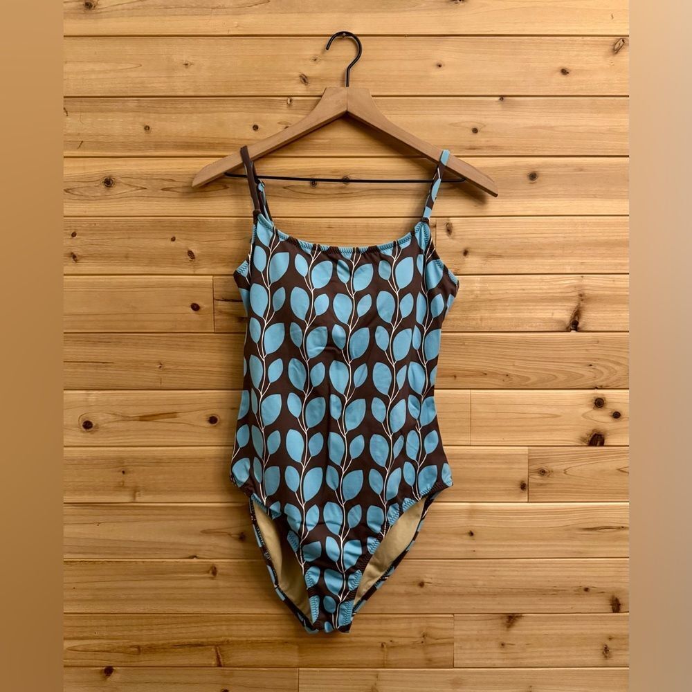 Garnet Hill Size 8/Medium Brown Blue Floral Leaf Pattern One Piece Swimsuit